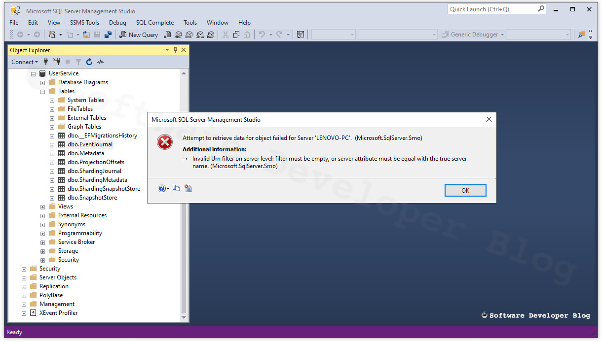 MSSMS screenshot with invalid urn filter Message box