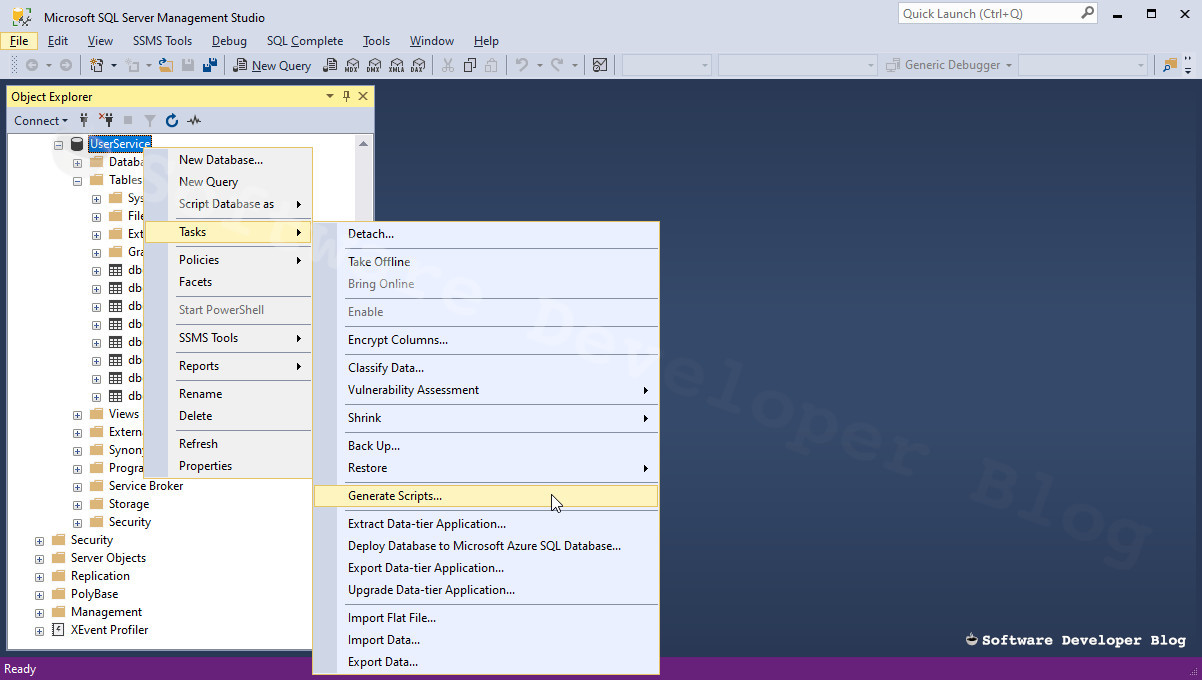 Mssms screnshot with generate scripts tool shown
