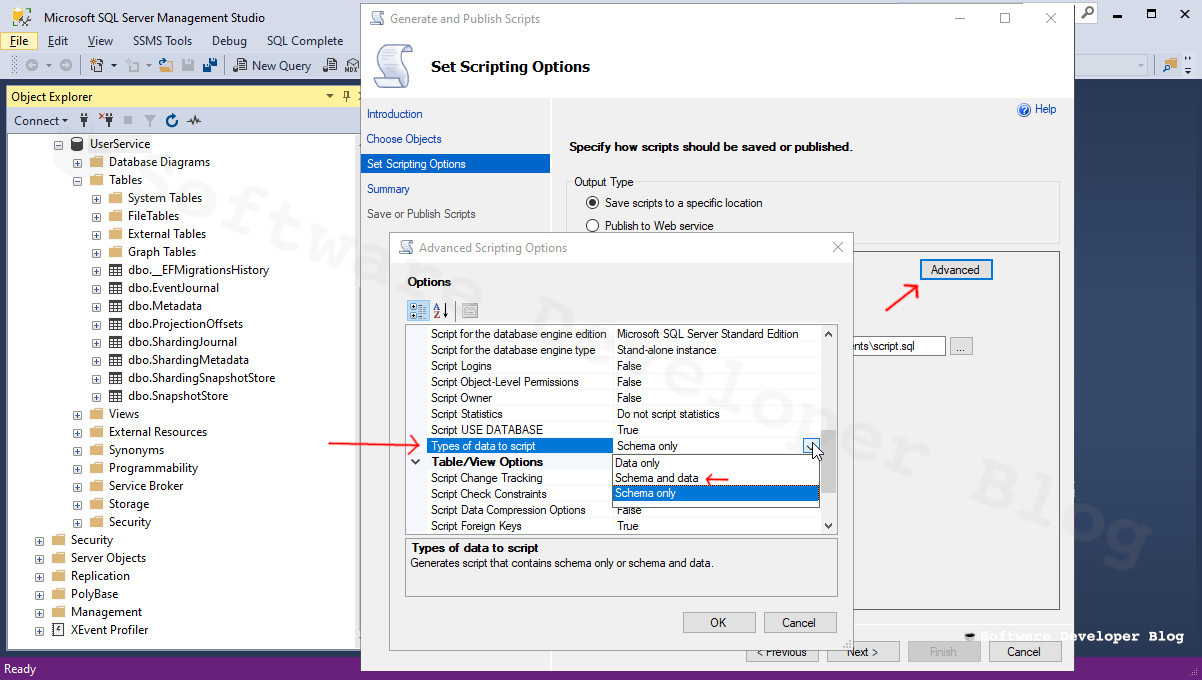 Mssms screnshot with advanced generate scripts tool options shown