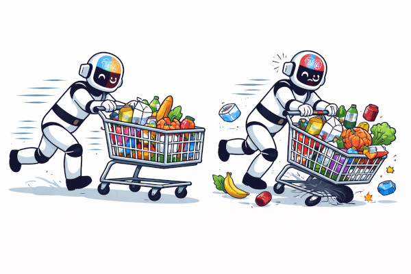 Two robots in a shop, one with broken shopping cart