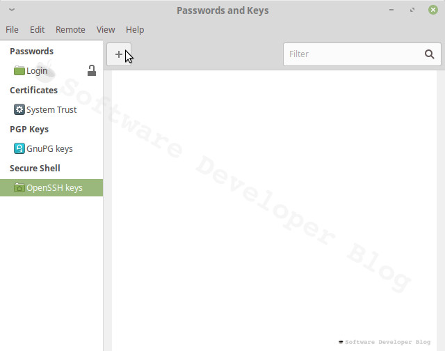Screenshot of Seahorse tool with cursor on add ssh keys button with plus sign