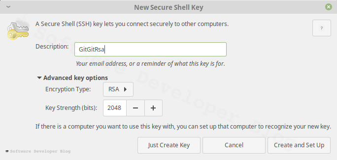 Screenshot of Seahorse tool with new Secure Shell Key configuration