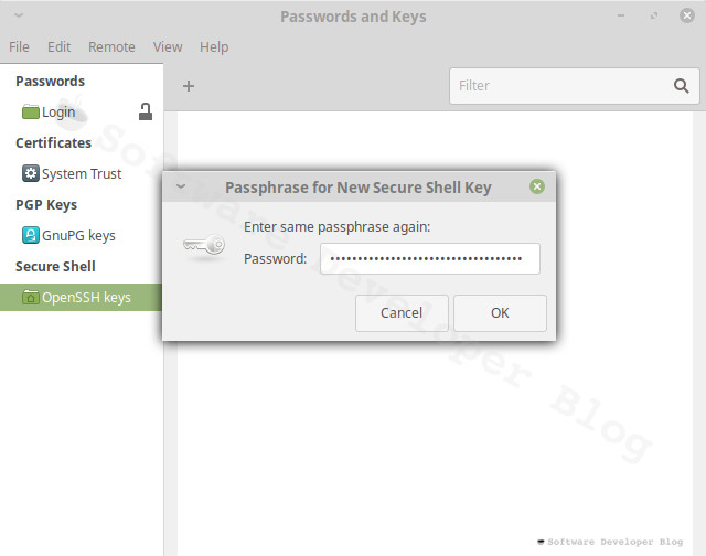 Screenshot of Seahorse tool with opened window with passphrase for new secure shell key