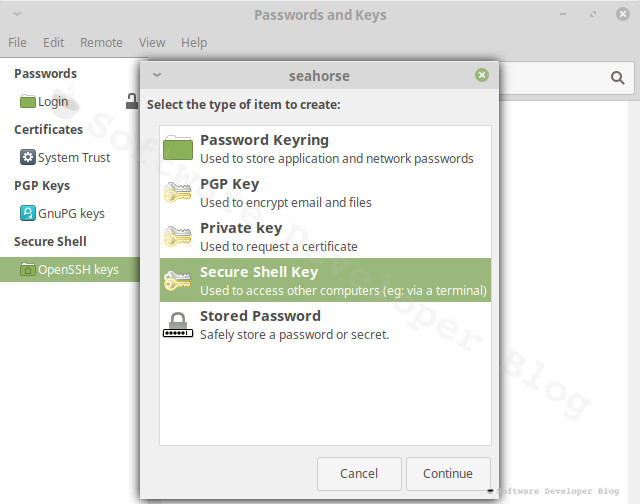 Screenshot of Seahorse tool with Secure Shell Key option selected