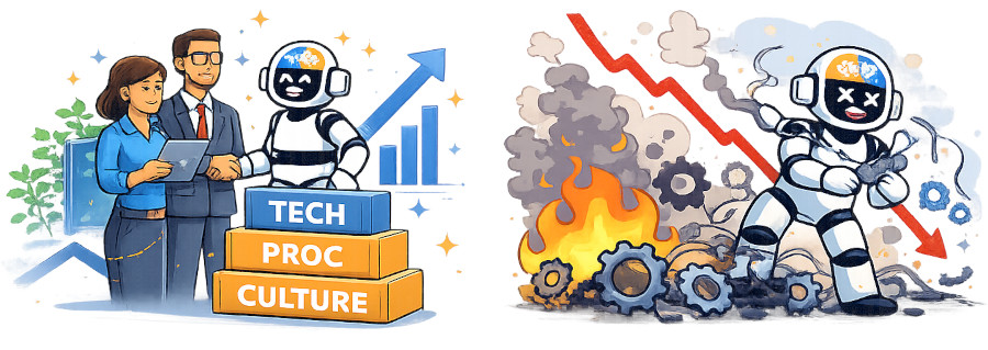 One robot cooperating with people well, the other one in chaos