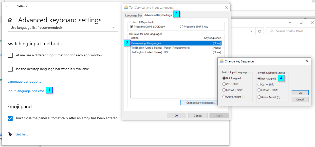 Screenshot with Windows keyboard setting, showing where to find switch keyboard layout shortcut